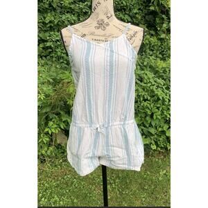 kids white and blue arrow patterned Linen blend spaghetti strap romper
